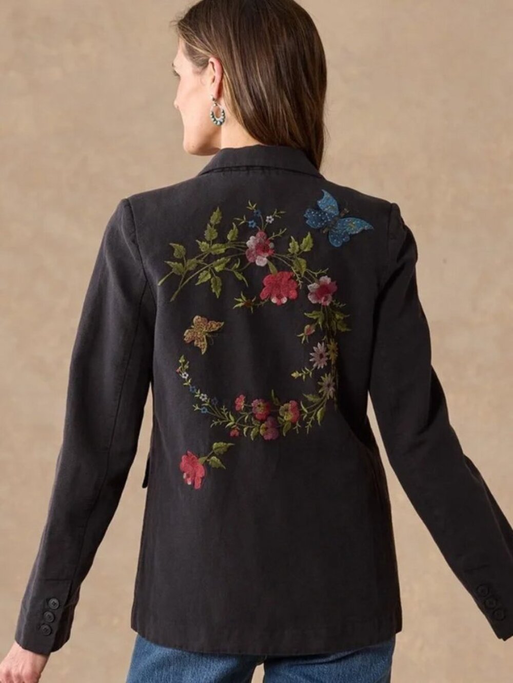 Sundance Cottagecore Whimsical Floral Embroidered Cotton Linen Blazer M